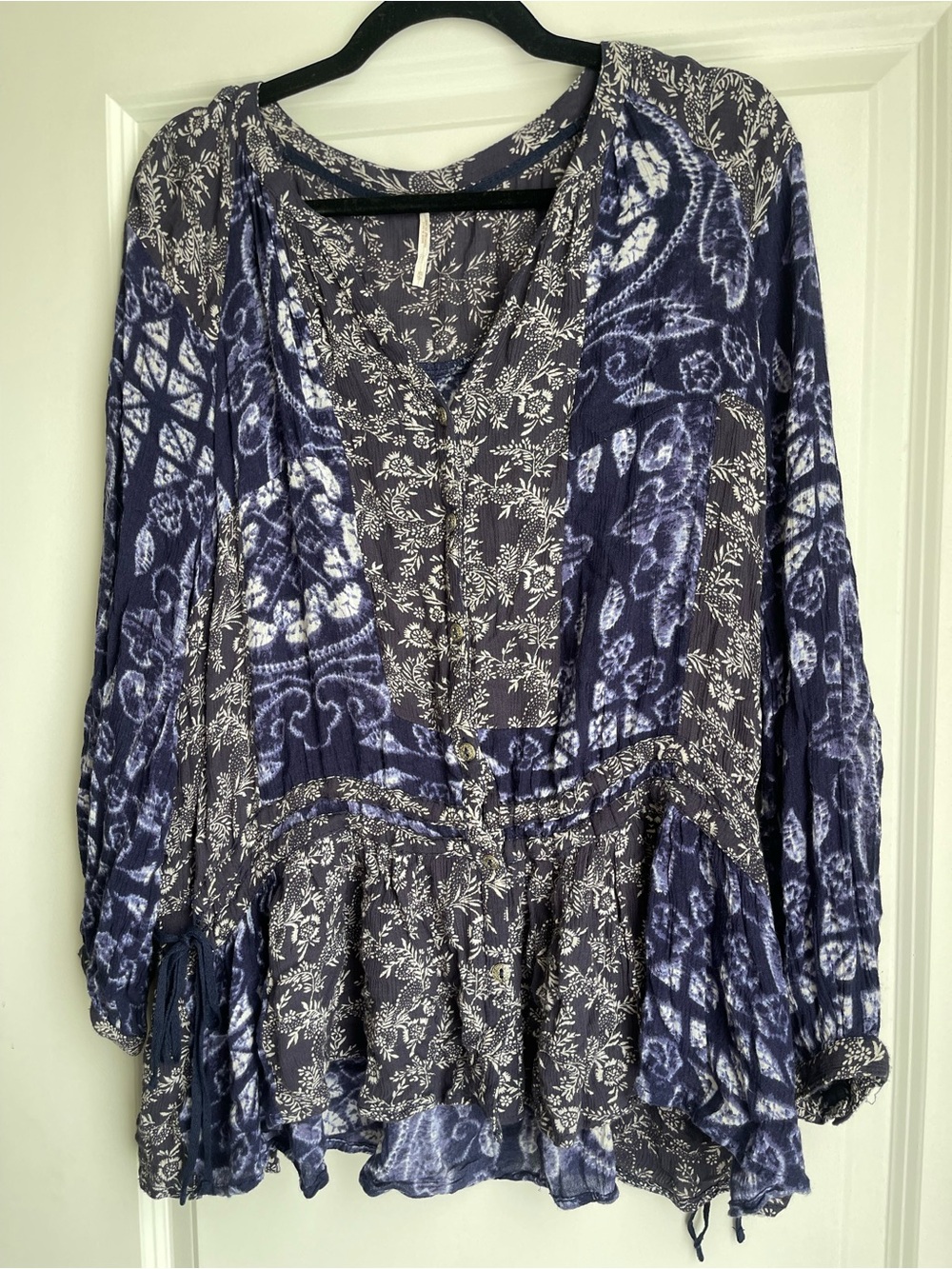 Free People Womens XS Blue Boho Mixed Print Peplum Tunic Blouse Top